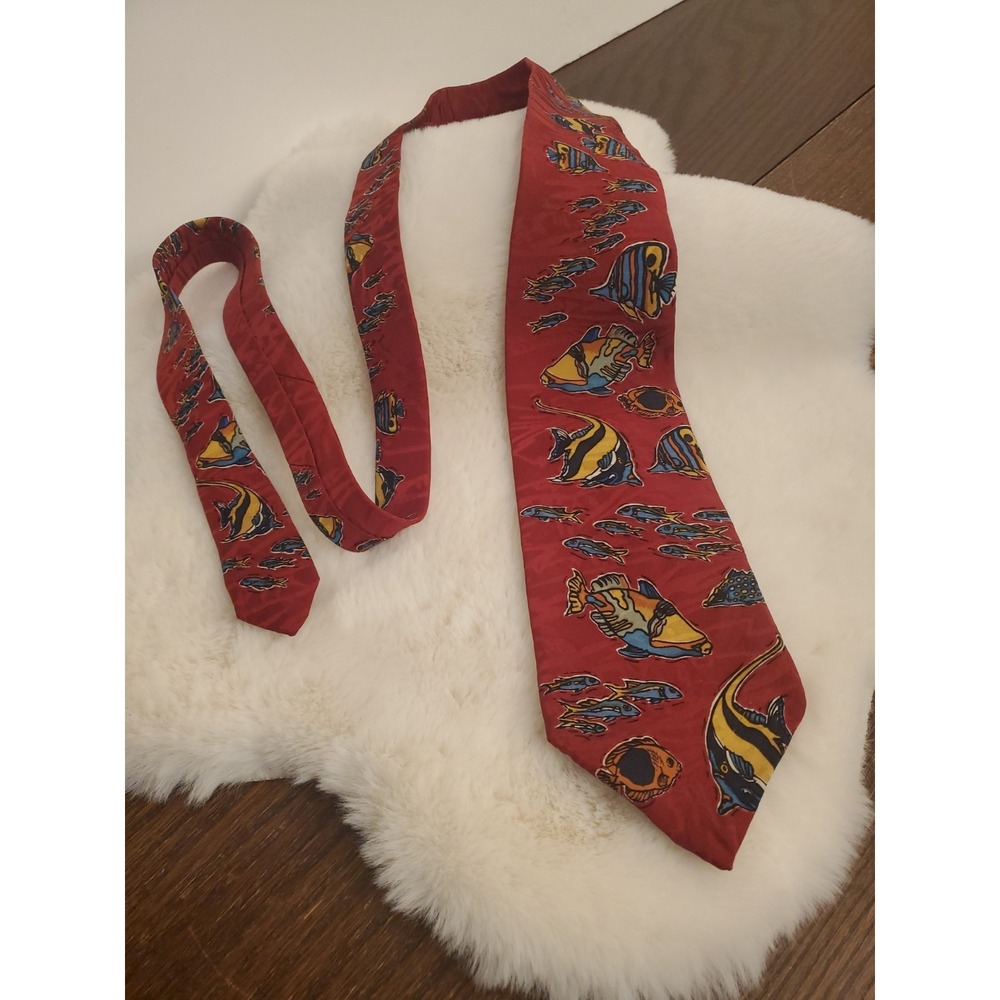 Vintage 1995 WWF Ocean Fish Silk Tie Red Marine Conservation
